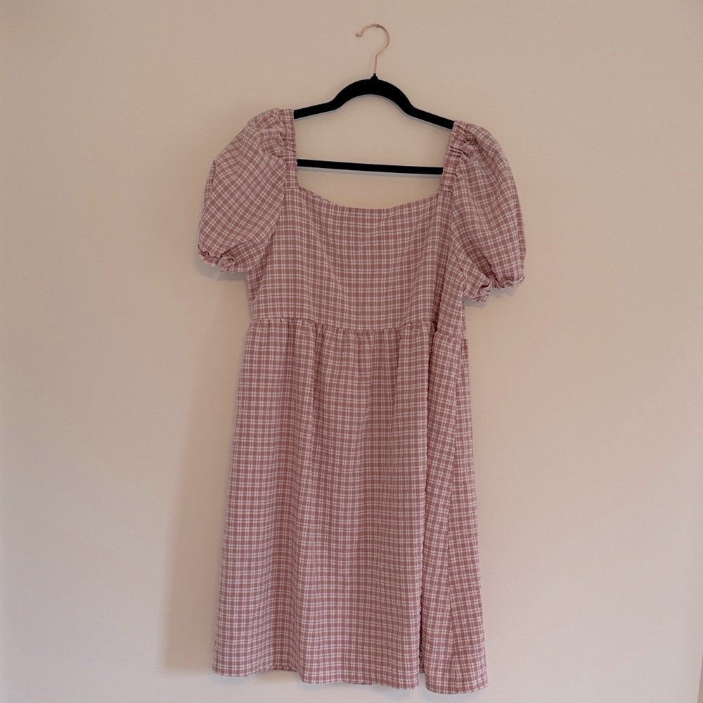 SHEIN Pink Checkered Puff Sleeve Midi Dress